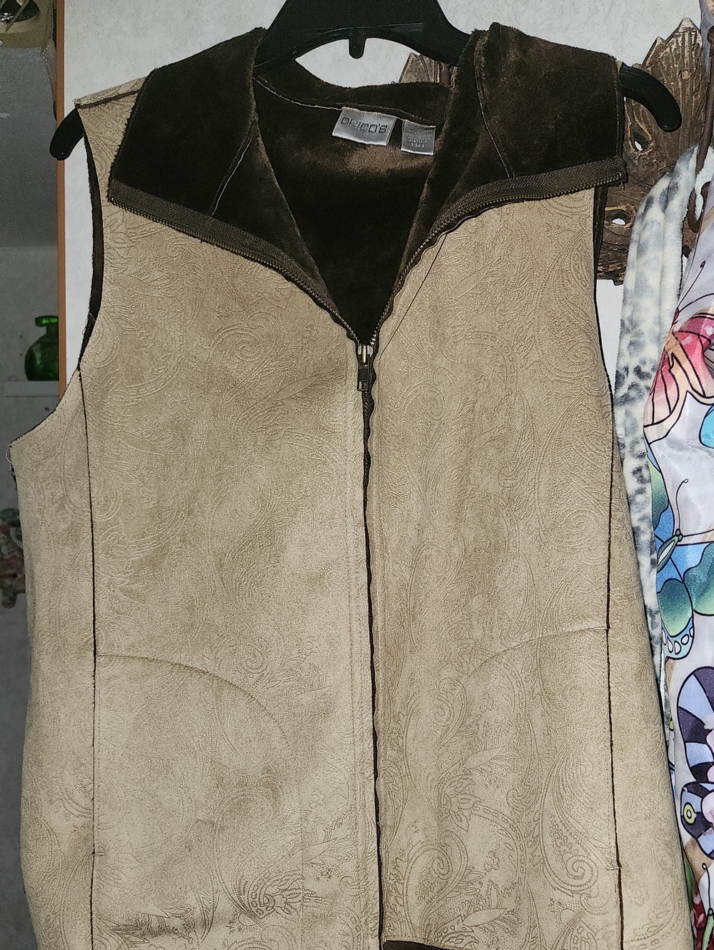 Chico's Taupe Faux-Suede Vest with Brown Collar